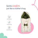 Adorables Baby Nest Bedding Combo Set 3 in 1 | Olive Green & Off White | Leaf Print, Bow & Lace Work | Cotton & Recron | With Nest Bed, Basket (L) & Sleeping Bag