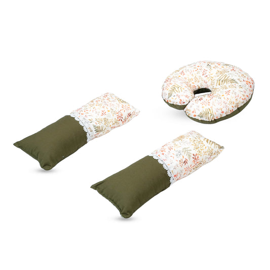 Adorables Pillow Set – Olive Green & Off White | Leaf Print with Lace Design, Side & Neck Pillows