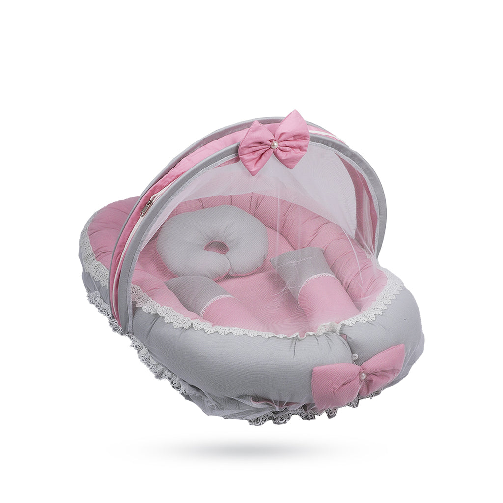 Adorables Baby Nest Bedding Combo Set 3 in 1| Grey & Pink | Bow, Lace & Pearl Work | Cotton & Recron | With Nest Bed, Basket (L) & Sleeping Bag