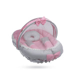 Adorables Baby Nest Bedding Combo Set 3 in 1| Grey & Pink | Bow, Lace & Pearl Work | Cotton & Recron | With Nest Bed, Basket (L) & Sleeping Bag