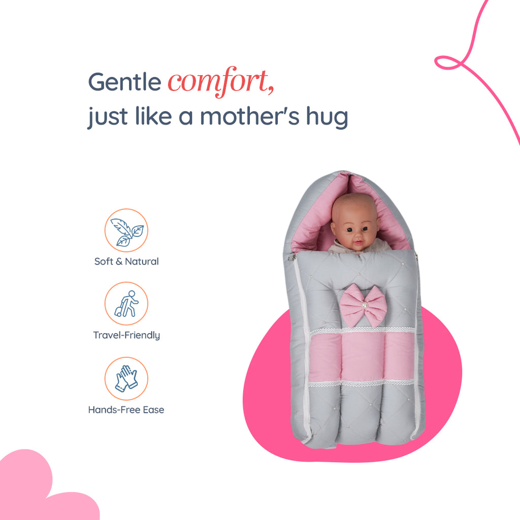 Adorables Baby Nest Bedding Combo Set 3 in 1| Grey & Pink | Bow, Lace & Pearl Work | Cotton & Recron | With Nest Bed, Basket (L) & Sleeping Bag