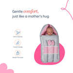 Adorables Baby Nest Bedding Combo Set 3 in 1| Grey & Pink | Bow, Lace & Pearl Work | Cotton & Recron | With Nest Bed, Basket (L) & Sleeping Bag