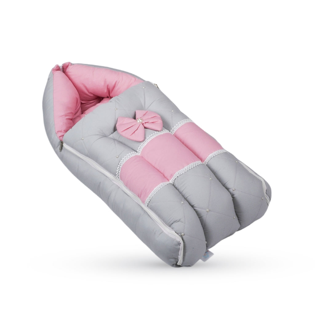 Adorables Baby Square Bedding Combo Set 4 in 1 | Grey & Pink | Bow, Pearls & Lace Design | Cotton & Recron | Includes Square Bed, Sleeping Bag, Basket (L), and Feeding Pillow.