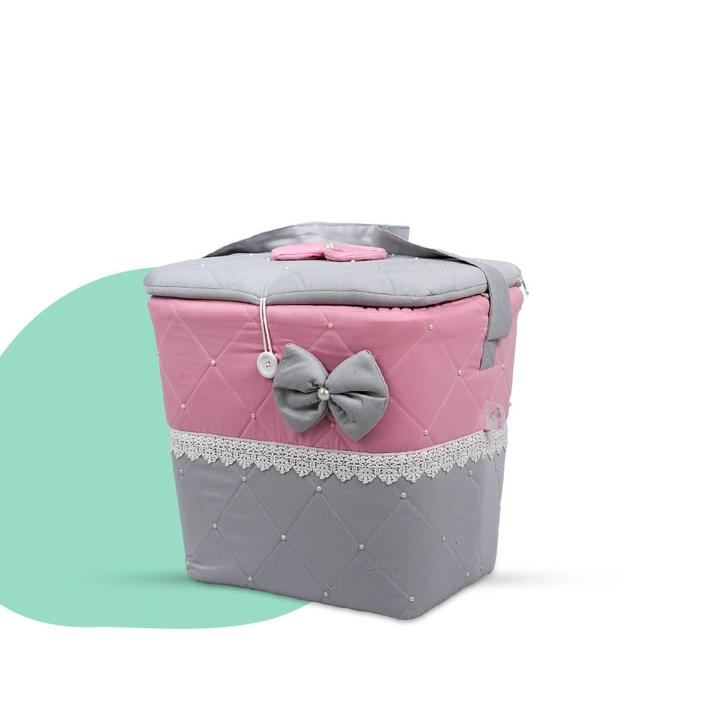 Adorables Baby Nest Bedding Combo Set 4 in 1 | Grey & Pink | Bow Work, Pearls & Lace Design | Cotton & Recron | Includes Baby Nest, Sleeping Bag, Basket (L) & Feeding Pillow.
