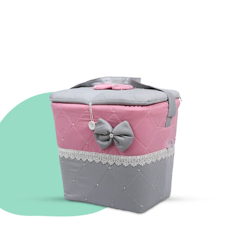 Adorables Baby Nest Bedding Combo Set 4 in 1 | Grey & Pink | Bow Work, Pearls & Lace Design | Cotton & Recron | Includes Baby Nest, Sleeping Bag, Basket (L) & Feeding Pillow.