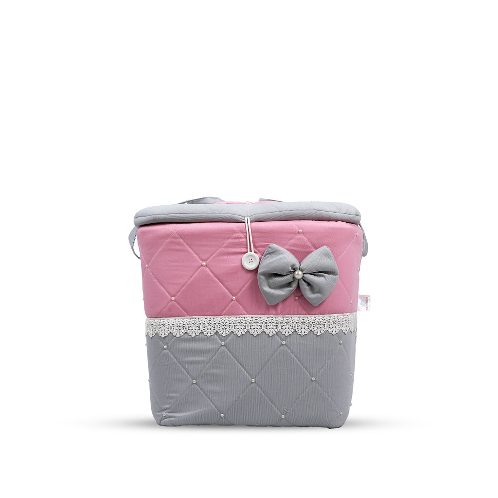 Adorables Baby Square Bedding Combo Set 4 in 1 | Grey & Pink | Bow, Pearls & Lace Design | Cotton & Recron | Includes Square Bed, Sleeping Bag, Basket (L), and Feeding Pillow.