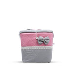 Adorables Baby Square Bedding Combo Set 4 in 1 | Grey & Pink | Bow, Pearls & Lace Design | Cotton & Recron | Includes Square Bed, Sleeping Bag, Basket (L), and Feeding Pillow.
