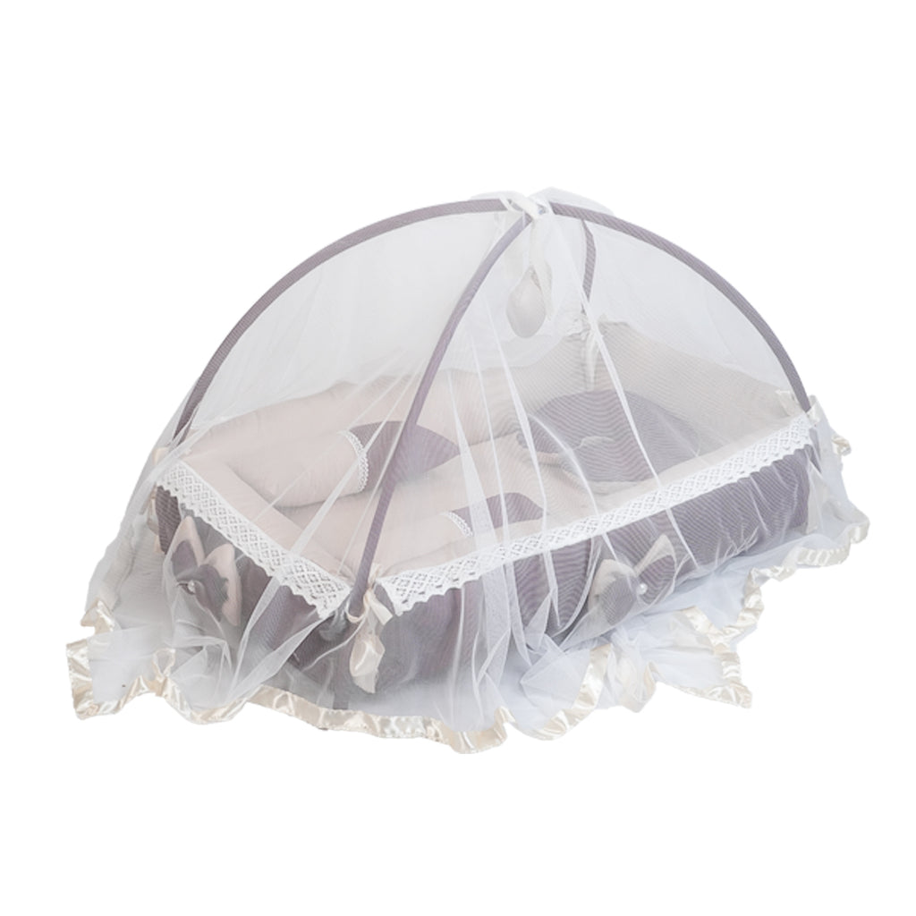 Adorables Baby Square Bedding Combo Set 3 in 1 | Purple & Beige | Butterfly Embroidery & Lace Design | Cotton & Recron | With Square Bed, Basket (L) & Sleeping Bag