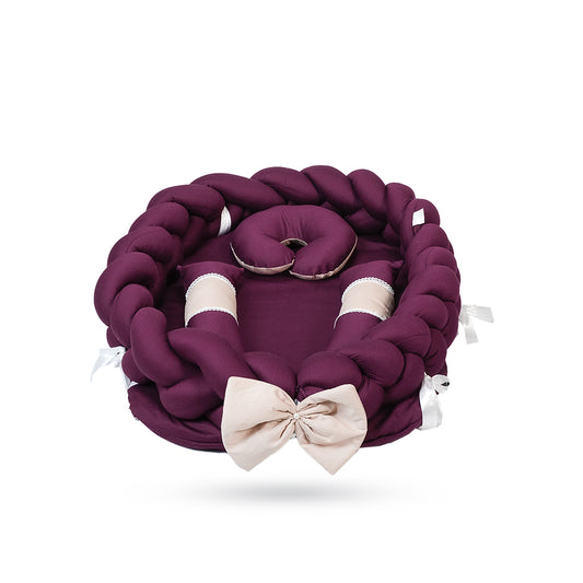 Adorables Braided Nest | Soft Cotton & Foam | Purple & Beige | Side Pillows, Neck Pillow, and Protective Net