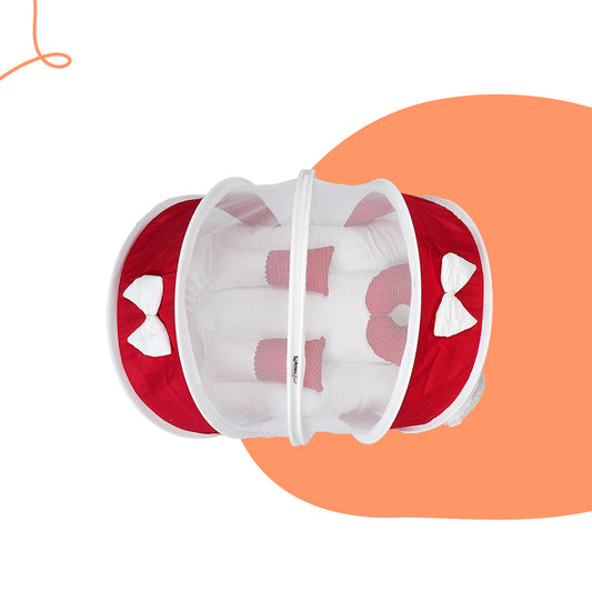 Adorables Mesh Infant Bed | Red & White | Bow Work with Lace Design | Cotton with Recron Filling