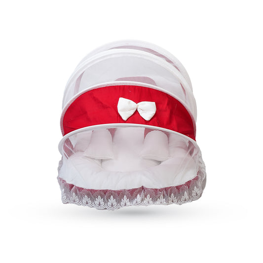 Adorables Mesh Infant Bed | Red & White | Bow Work with Lace Design | Cotton with Recron Filling