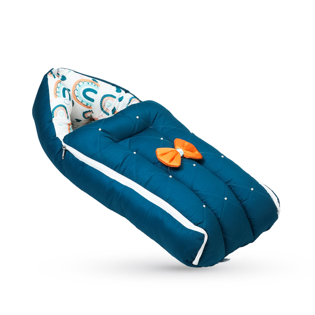 Adorables Baby Hospital Bedding Combo Set 3 in 1 | Royal Blue & White | Rainbow Print, Bow, Pearls & Lace | Cotton & Recron | Hospital Bed, Sleeping Bag & Basket (Large)