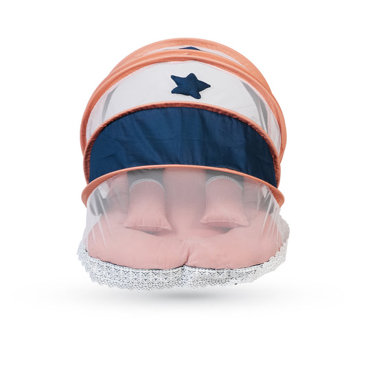 Adorables Mesh Infant Bed | Turquoise Blue & Peach | Star Bow Work with Lace Design | Cotton with Recron Filling