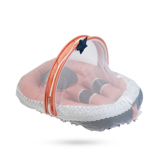 Adorables Baby Nest | Turquoise Blue & Peach | Cotton & Recron | With Removable Net & Pillows