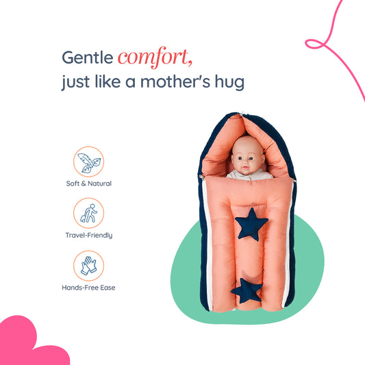 Adorables Baby Sleeping Bag | Turquoise Blue & Peach | Star Bow Work and Pearls | Cotton & Recron