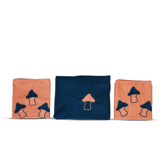 Adorables Bedsheet – Double | Turquoise Blue & Peach | Mushrooms Embroidery | Cotton