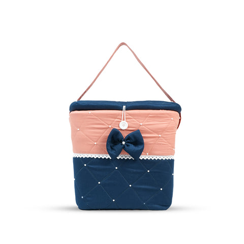 Adorables Baby Square Bedding Combo Set 4 in 1 | Turquoise Blue & Peach | Star Bow, Pearls & Lace Design | Cotton & Recron | Includes Square Bed, Sleeping Bag, Basket (L), and Feeding Pillow.