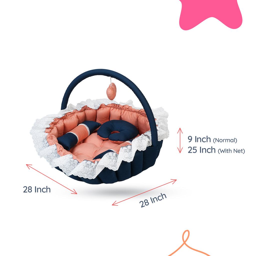 Adorables Baby Round Bedding Combo Set 4 in 1 | Turquoise Blue & Peach | Star Bow Work & Lace Design | Cotton & Recron | With Round Bed, Sleeping Bag, Basket (L) & Feeding Pillow