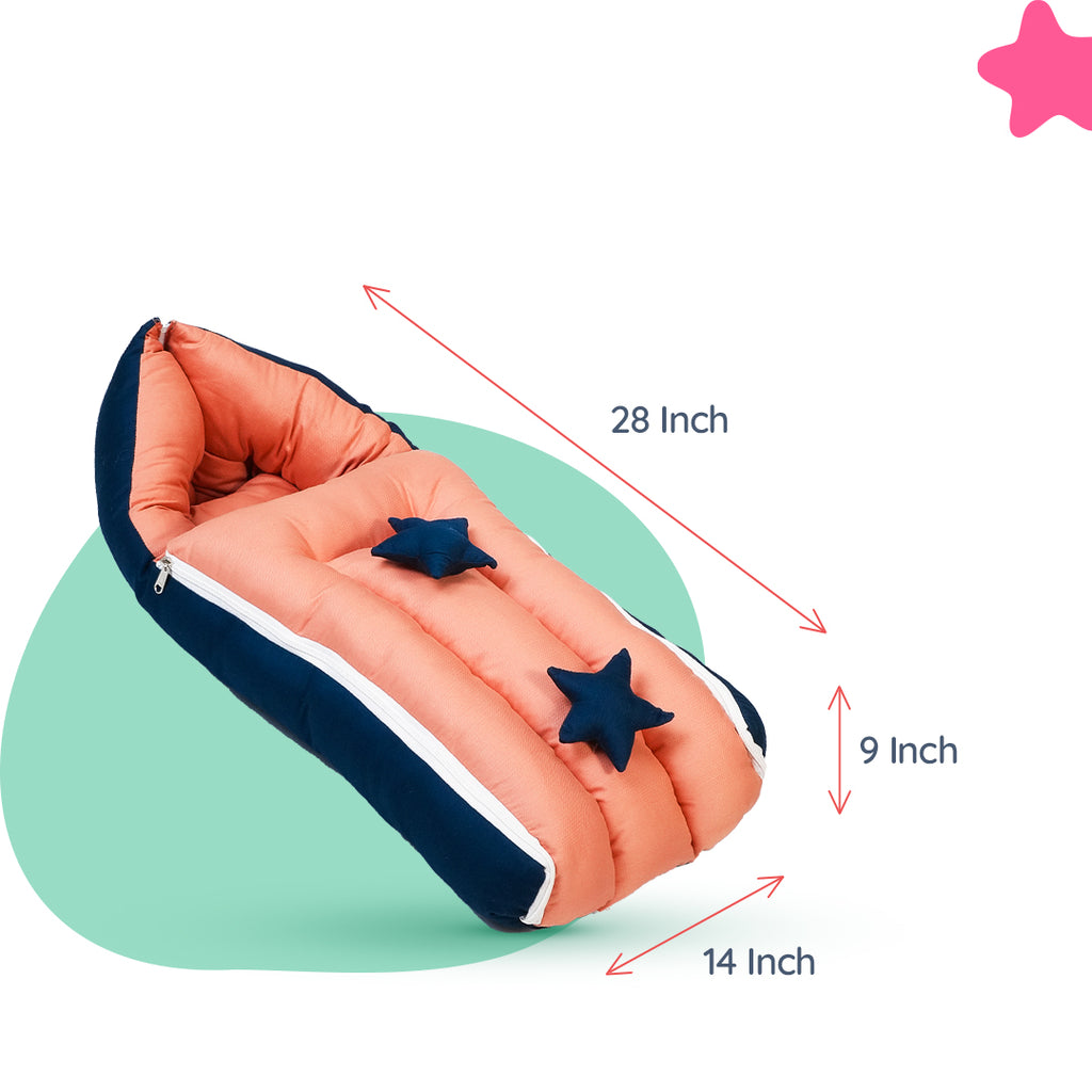 Adorables Baby Oval Bedding Combo Set 4 in 1 | Turquoise Blue & Peach | Star Bow, Pearls & Lace Design | Cotton & Recron | With Oval Bed, Sleeping Bag, Basket (L) & Feeding Pillow