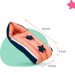 Adorables Baby Oval Bedding Combo Set 4 in 1 | Turquoise Blue & Peach | Star Bow, Pearls & Lace Design | Cotton & Recron | With Oval Bed, Sleeping Bag, Basket (L) & Feeding Pillow