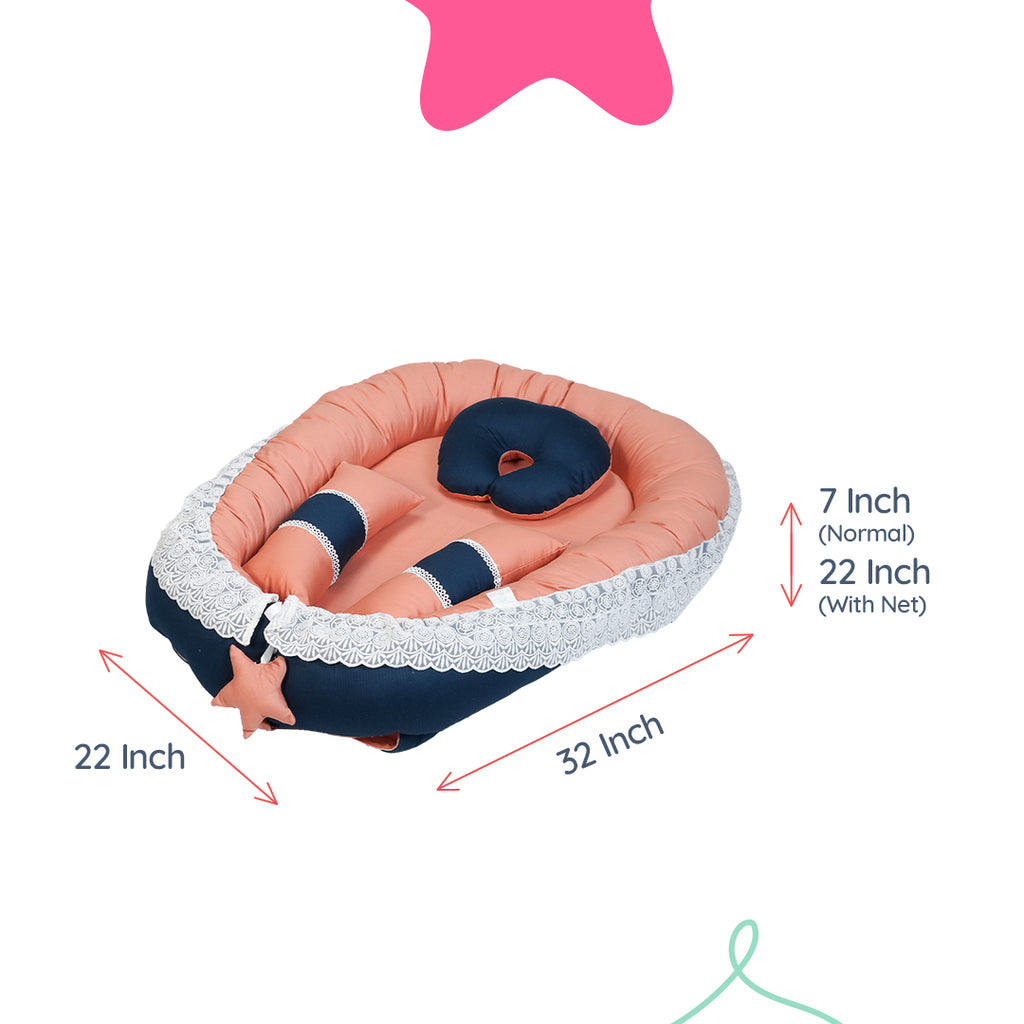 Adorables Baby Nest Bedding Combo Set 4 in 1 | Turquoise Blue & Peach | Star Bow Work & Lace Design | Cotton & Recron | With Baby Nest, Sleeping Bag, Basket (L) & Feeding Pillow