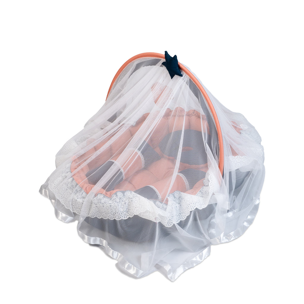 Adorables Baby Oval Bedding Combo Set 4 in 1 | Turquoise Blue & Peach | Star Bow, Pearls & Lace Design | Cotton & Recron | With Oval Bed, Sleeping Bag, Basket (L) & Feeding Pillow