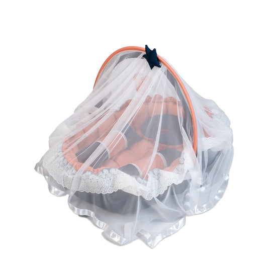 Adorables Oval Bed | Turquoise Blue & Peach | Hanging Pillow, Lace Design, Removable Net