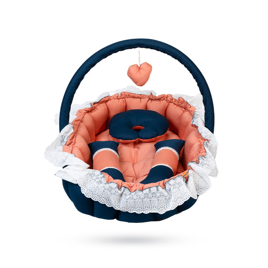 Adorables Oval Bed | Turquoise Blue & Peach | Hanging Pillow, Lace Design, Removable Net