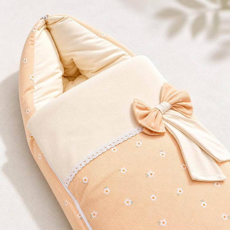 Adorables Baby Sleeping Bag | Peach Petal & Off White| Peach Petal Print, Bow Work & Lace Design | Cotton & Recron