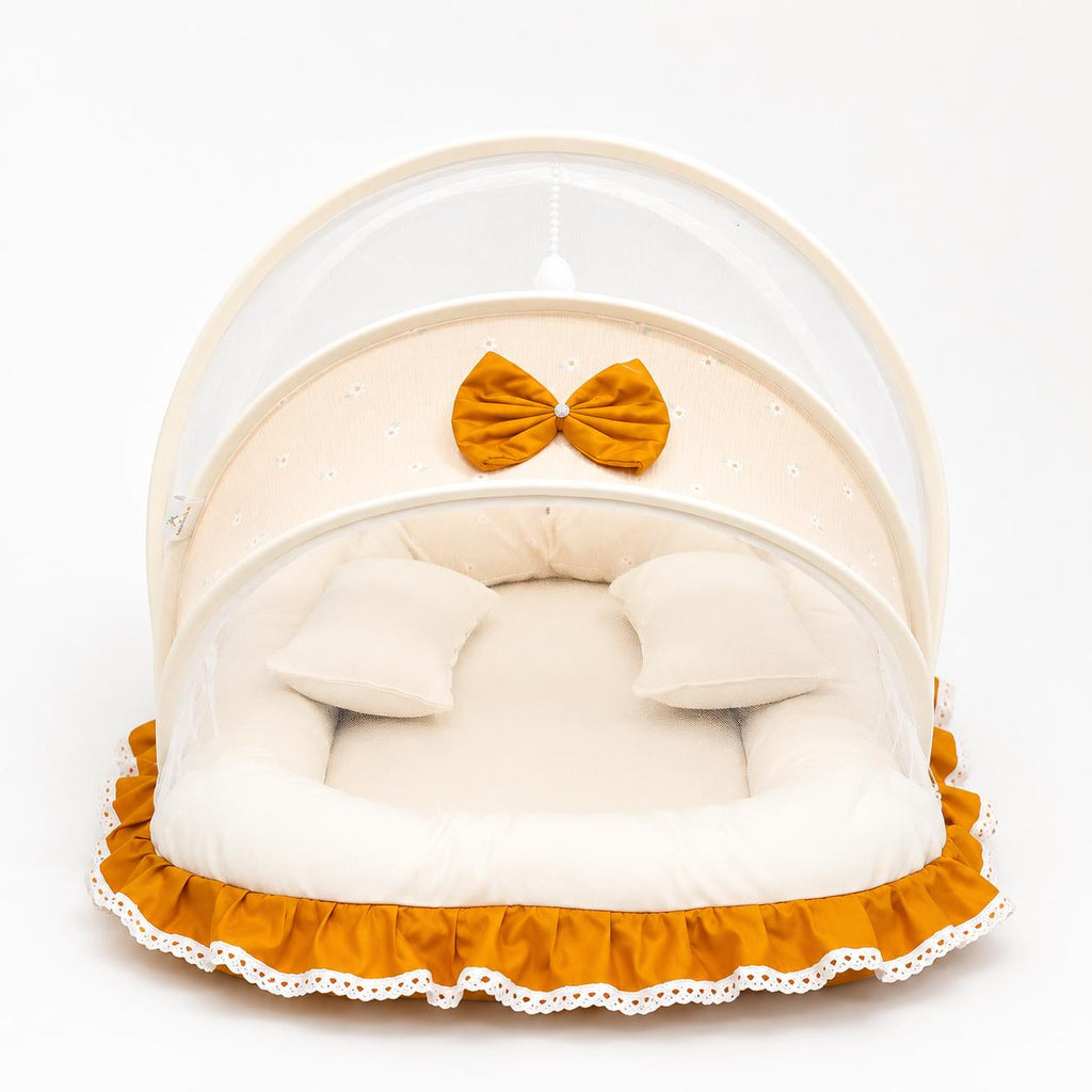 Adorables Baby Mesh Infant Bed | Peach Petal & Off White | Bow Work & Lace Design | Soft Cotton & Recron