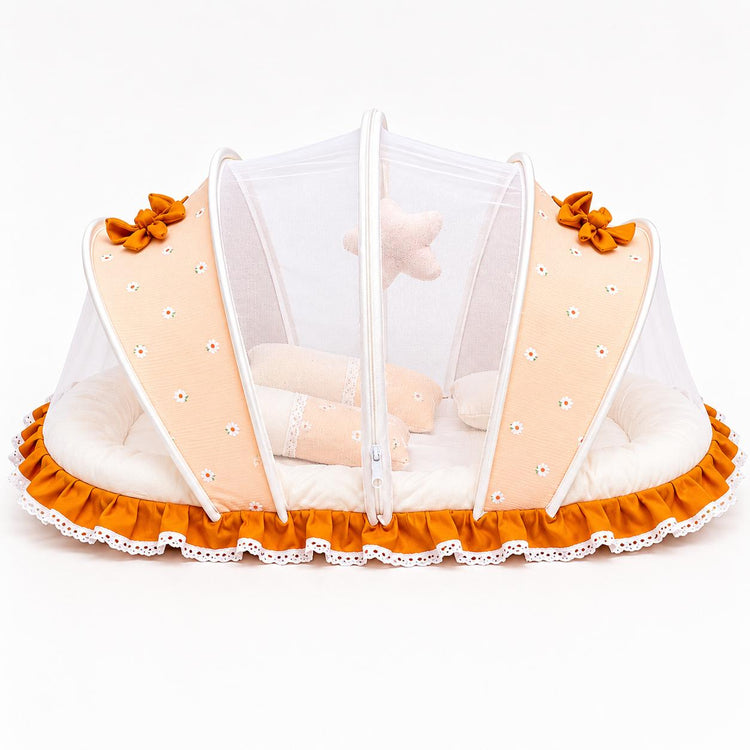 Adorables Baby Mesh Infant Bed | Peach Petal & Off White | Bow Work & Lace Design | Soft Cotton & Recron
