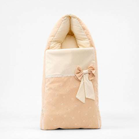 Adorables Baby Sleeping Bag | Peach Petal & Off White| Peach Petal Print, Bow Work & Lace Design | Cotton & Recron