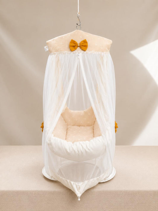 Adorables Baby Cradle for Newborn | Bed Cradle Set | Peach Petal & Off White | Cotton with Recron Filling | Includes Net & Star Hangings