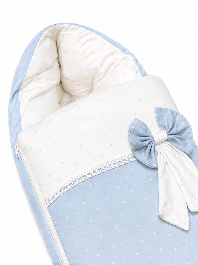 Adorables Baby Sleeping Bag | Twinkle Blue & White Star | Star Print, Bow Work & Lace Design | Cotton & Recron
