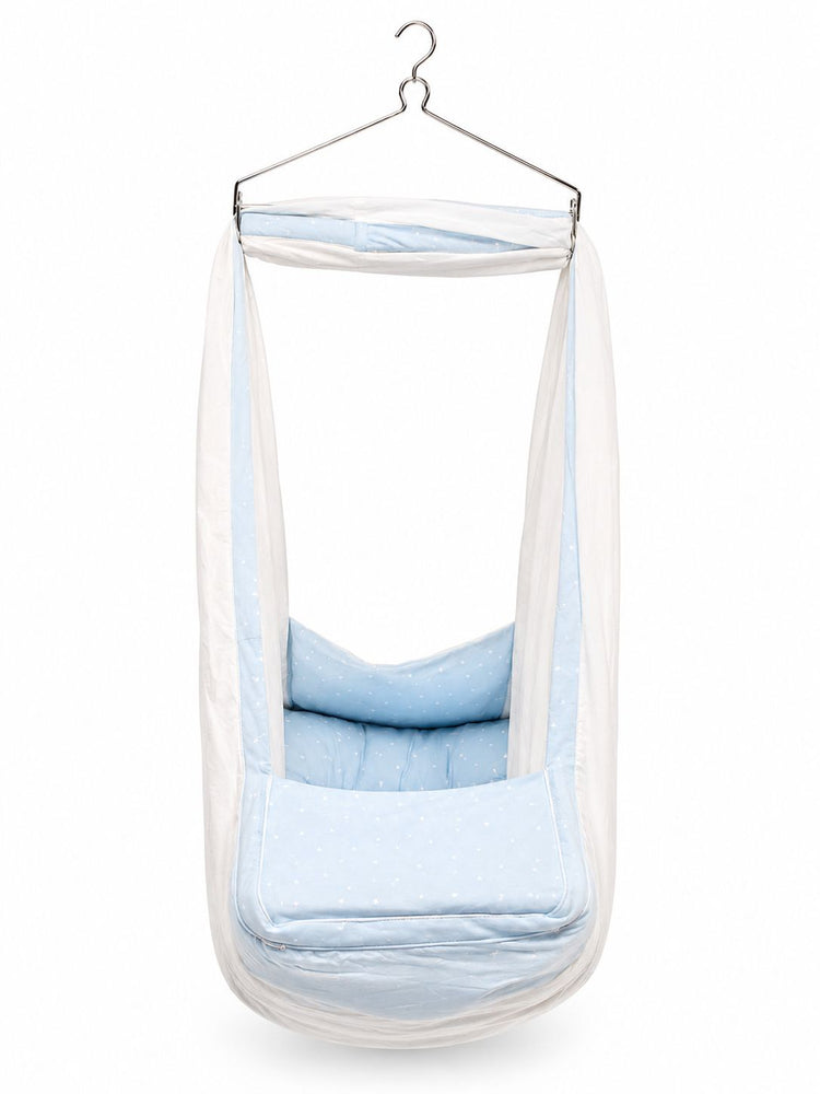 Adorables Baby Cradle for Newborn | Bed Cradle Set | Twinkle Blue and White Star | Cotton with Recron Filling | Includes Net & Star Hangings