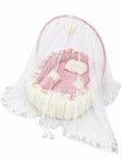 Adorables Baby Bed for Newborn | Oval Bed | Cherry Blush & Pink | Quilted Cotton with Recron filling | With Removable Net