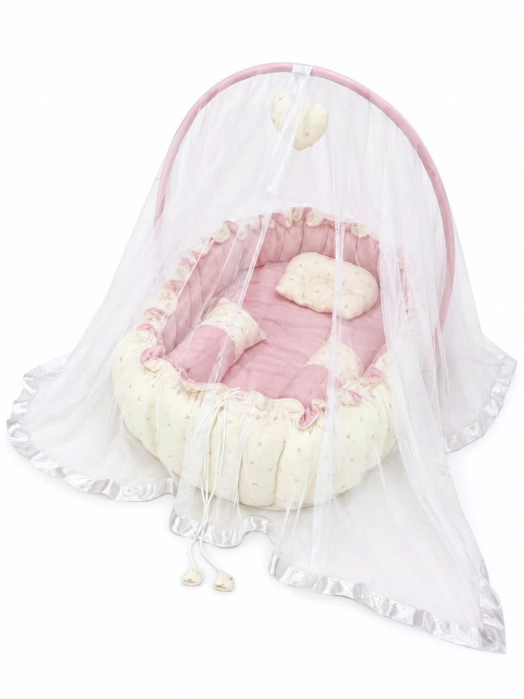 Adorables Baby Bed for Newborn | Oval Bed | Cherry Blush & Pink | Quilted Cotton with Recron filling | With Removable Net