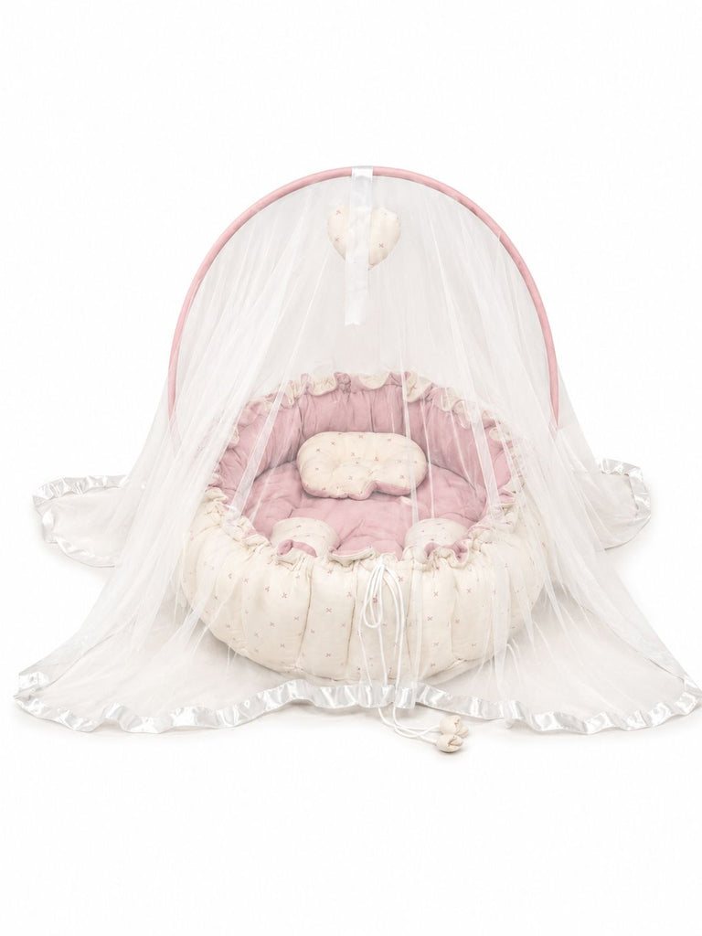 Adorables Baby Bed for Newborn | Oval Bed | Cherry Blush & Pink | Quilted Cotton with Recron filling | With Removable Net
