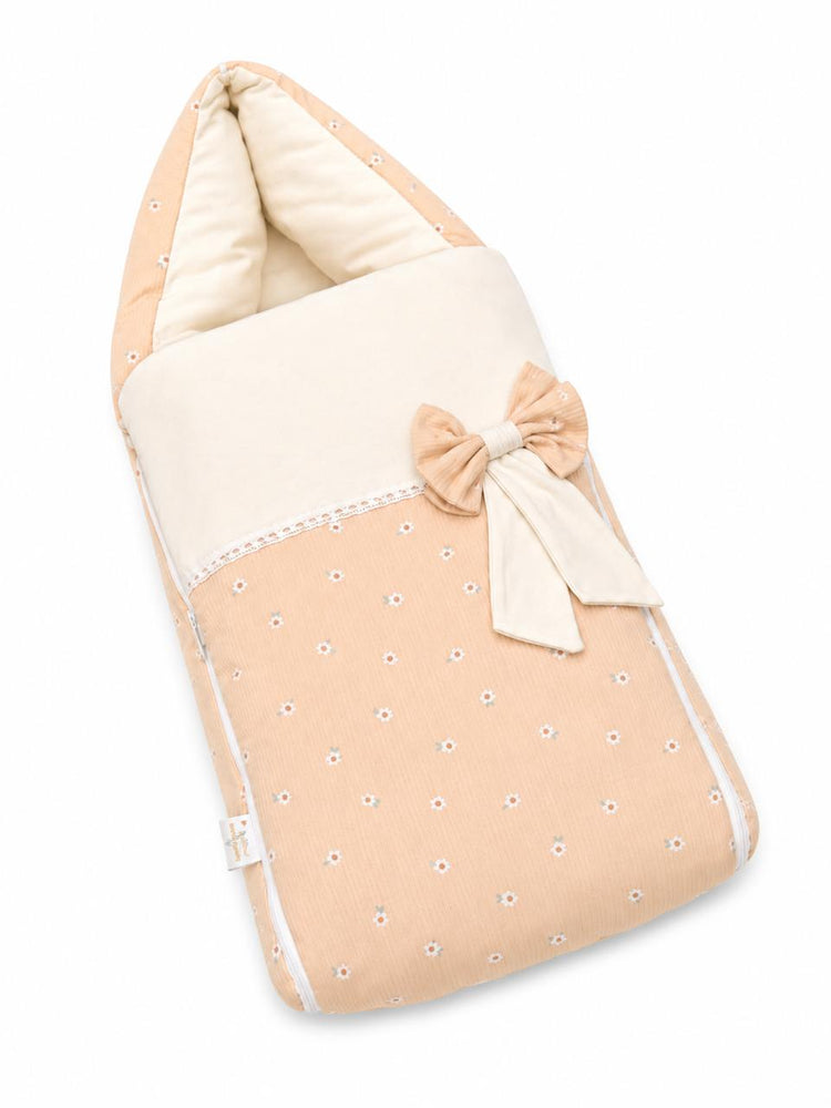 Adorables Baby Sleeping Bag | Peach Petal & Off White| Peach Petal Print, Bow Work & Lace Design | Cotton & Recron
