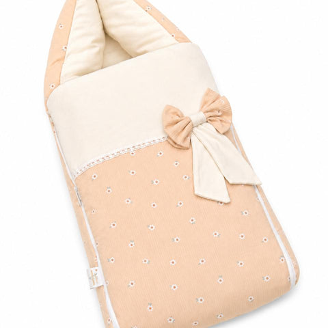Adorables Baby Sleeping Bag | Peach Petal & Off White| Peach Petal Print, Bow Work & Lace Design | Cotton & Recron