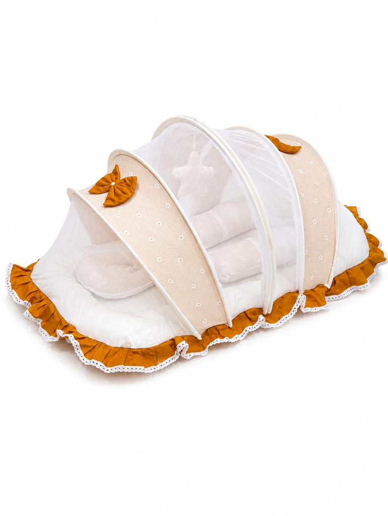 Adorables Baby Mesh Infant Bed | Peach Petal & Off White | Bow Work & Lace Design | Soft Cotton & Recron