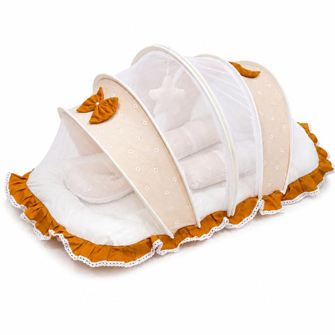 Adorables Baby Mesh Infant Bed | Peach Petal & Off White | Bow Work & Lace Design | Soft Cotton & Recron