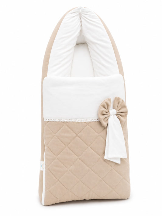 Adorables Sleeping Bag for Newborn | Royal Beige & White | Rexin & Cotton | Bow Work & Lace Frill Design