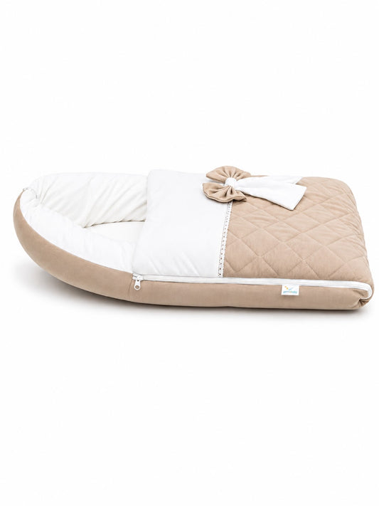 Adorables Sleeping Bag for Newborn | Royal Beige & White | Rexin & Cotton | Bow Work & Lace Frill Design