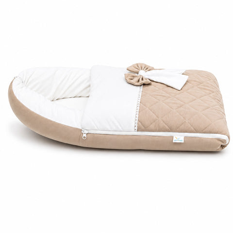 Adorables Sleeping Bag for Newborn | Royal Beige & White | Rexin & Cotton | Bow Work & Lace Frill Design