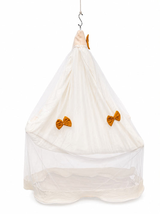 Adorables Baby Cradle for Newborn | Bed Cradle Set | Peach Petal & Off White | Cotton with Recron Filling | Includes Net & Star Hangings