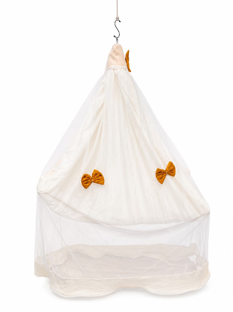 Adorables Baby Cradle for Newborn | Bed Cradle Set | Peach Petal & Off White | Cotton with Recron Filling | Includes Net & Star Hangings