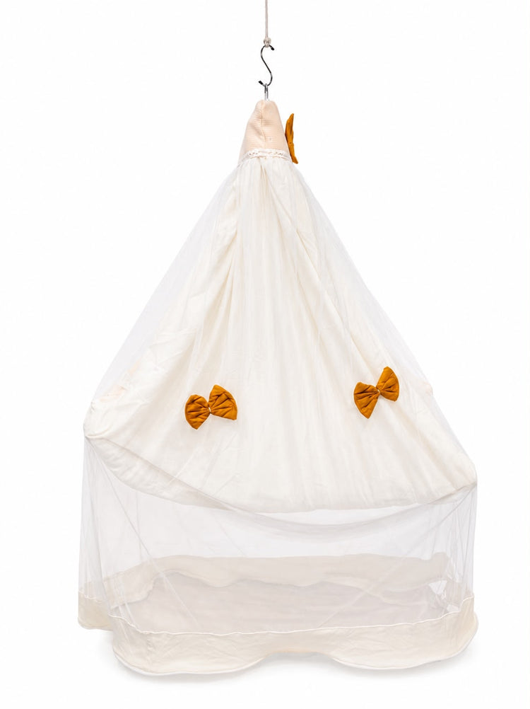 Adorables Baby Cradle for Newborn | Bed Cradle Set | Peach Petal & Off White | Cotton with Recron Filling | Includes Net & Star Hangings