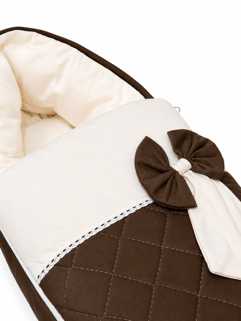 Adorables Sleeping Bag for Newborn | Chocolate Brown & Off White | Rexin & Cotton | Bow Work & Lace Frill Design
