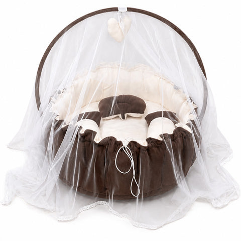 Adorables Baby Bed for Newborn | Oval Bed | Chocolate Brown & Off White | Rexin, Cotton & Recron | With Removable Net